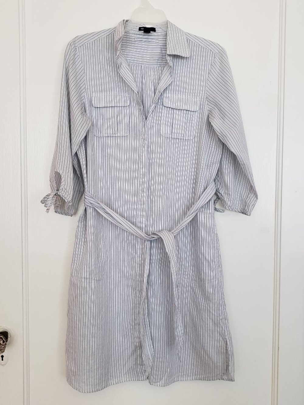Gap Striped Shirt Dress 6 Blue White Cotton Tie Waist Button Down Pockets